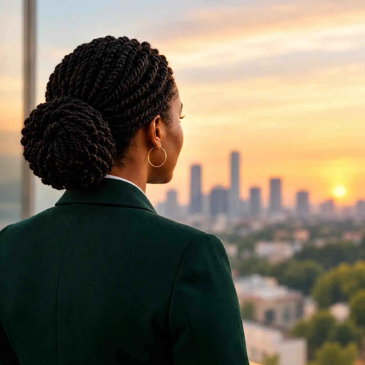 Une dirigeante regarde l’horizon depuis une ville
