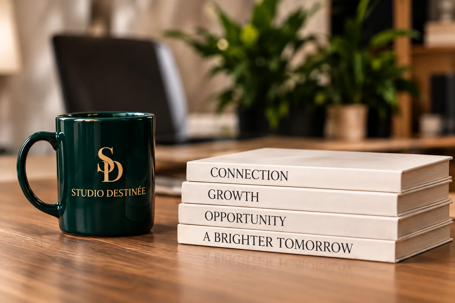 Studio Destinée books and cup on a desk