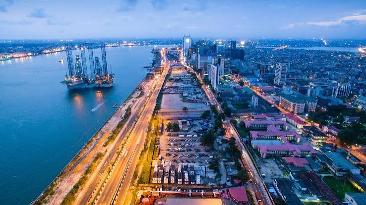 Lagos skyline and lagoon at dusk
